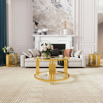 Living Room Table Set Of 3 With 1 Coffee Table And 2 End Tables, Round, Tempered Glass, Asymmetrical Metal, Gold Finish & Lower Shelf, 31.5"