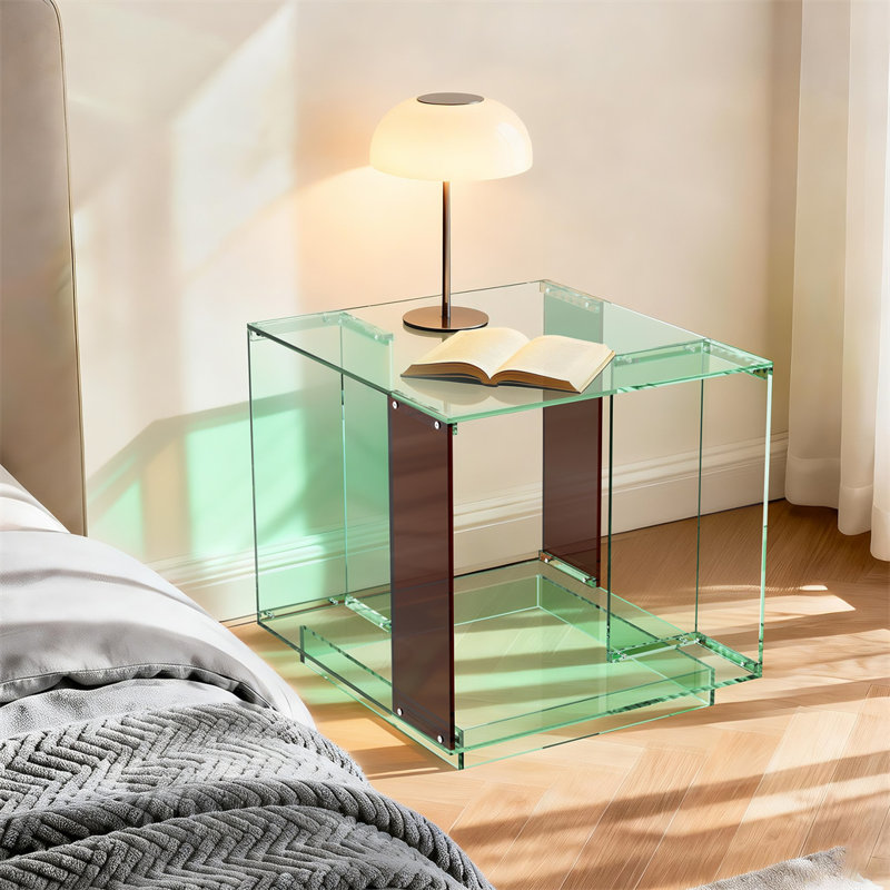 Acrylic End Table w/ Storage Modern Geometric Side Table Square Nightstand 18”H