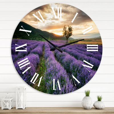Sunrise & Dramatic Clouds Over Lavender Field VII - Farmhouse wall clock