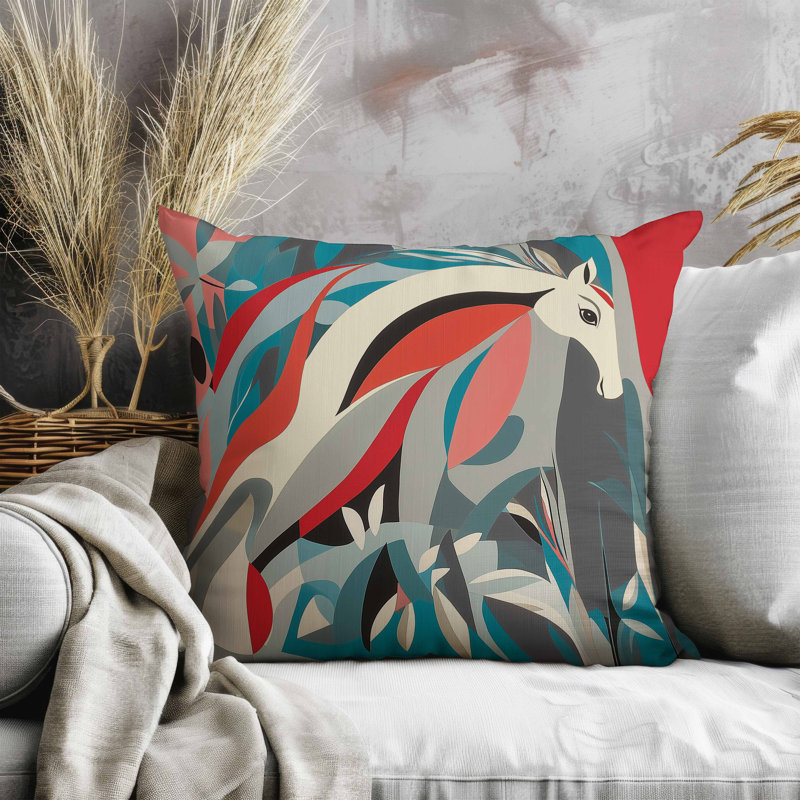 Coussin Mythical Horse, Carré 20 po, Rouge / Gris