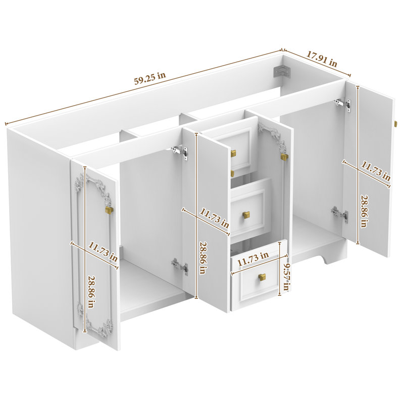 Meuble-lavabo double de 60 po sculpté de style français avec lavabo intégré en résine — 4 portes à fermeture en douceur et 3 tiroirs