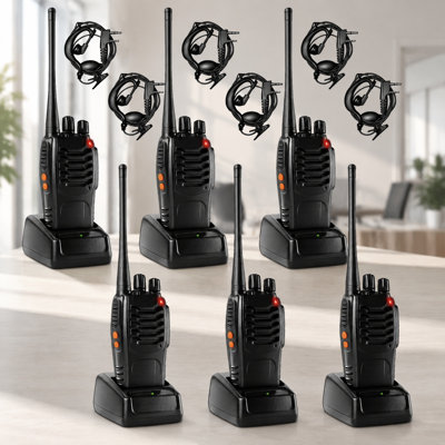 Long Range 16-Channel UHF Two-Way Walkie Talkies with Earpieces, Pack of 6