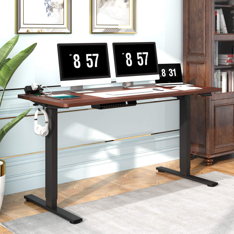 Adjustable Standing Desk, Whole-Piece Desktop, Mahogany/Black, 60" W x 24" D