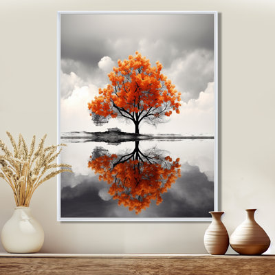 Orange Autumn Tree Alone In The Lake - Tree Wall Art Decor