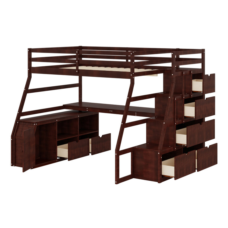 Lit mezzanine avec 7 tiroirs, 2 tablettes et un bureau, Blanc