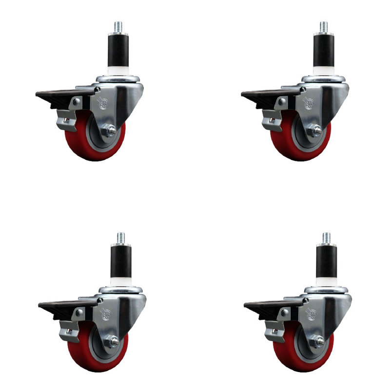 Ensemble de roulettes extensibles pivotantes en polypropylène rouge de 3 po et de 3/8 po avec frein SCC