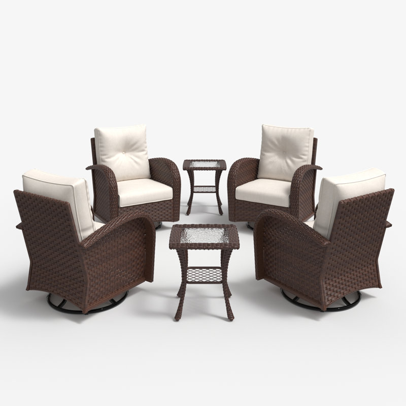  6 Pieces Outdoor Patio Furniture Set, Rattan Wicker Sectional Swivel Rocker Chairs Sets, Beige, Brown