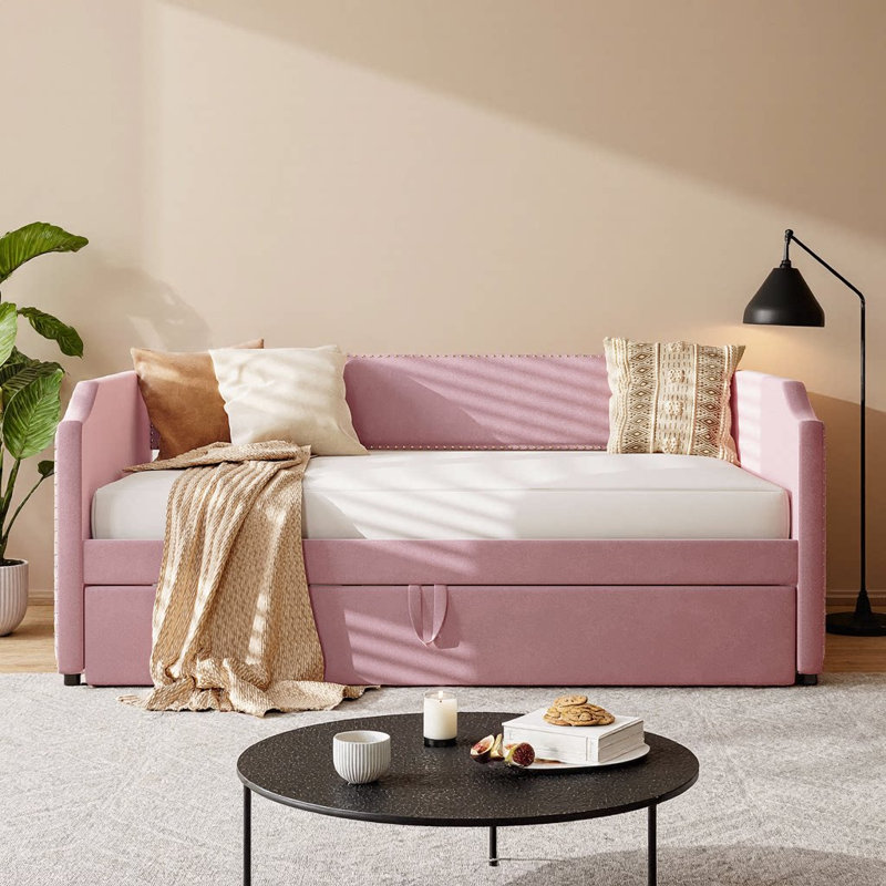 Elegant Twin Size Velvet Upholstered Daybed with Pop-Up Trundle - Perfect for Cozy Nights & Guest Space, Pink