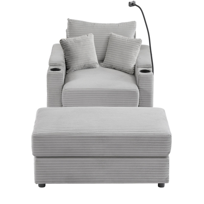 41.7" Modern Style Single Sofa Sofa Couch With Storage Space, A Movable Ottoman, Two USB Ports, Two Cup Holders, A Phone Holder For Living Room, Grey