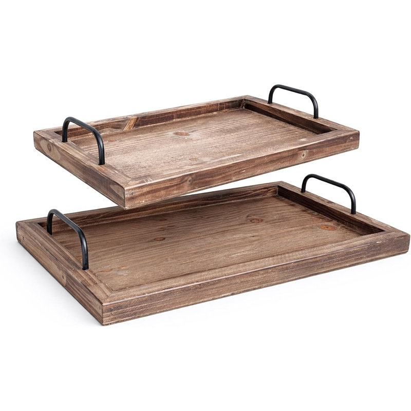 Rustic Wooden Serving Tray Set With Metal Handles, Farmhouse Nesting Trays For Food, Coffee Table, And Home Decor