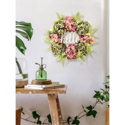 Couronne de printemps de 17,12 pouces de porte d'entrée, couronne florale d'hortensia artificielle, décoration florale à feuilles, mur de style campagnard, rebord de fenêtre et décoration de cheminée.