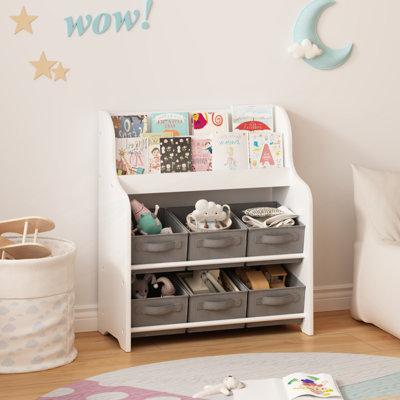 Bookshelf with 6 Fabric Storage Bins, Multi-Functional Bookcase and Toy Organizer