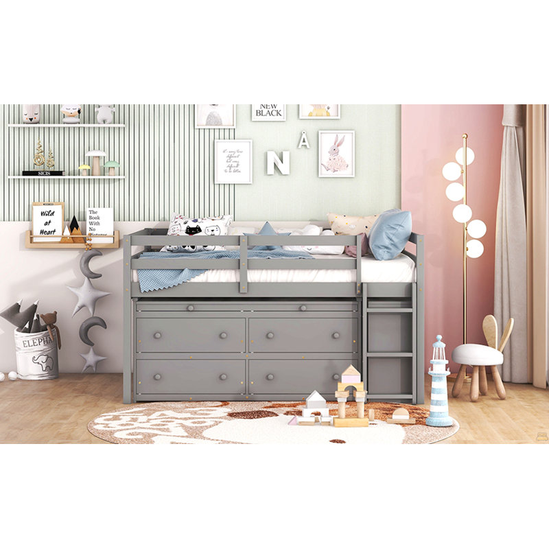 Full Size Loft Bed With Retractable Writing Desk And 4 Drawers