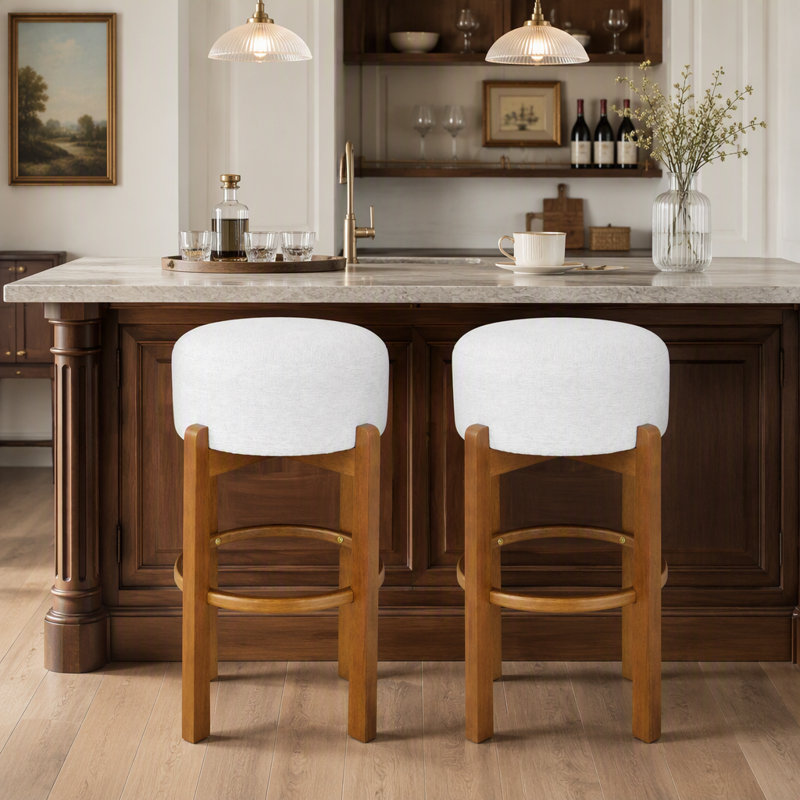 Ensemble de 2 tabourets d'intérieur revêtus de bois, finition noyer et revêtement ivoire, 2, Noyer