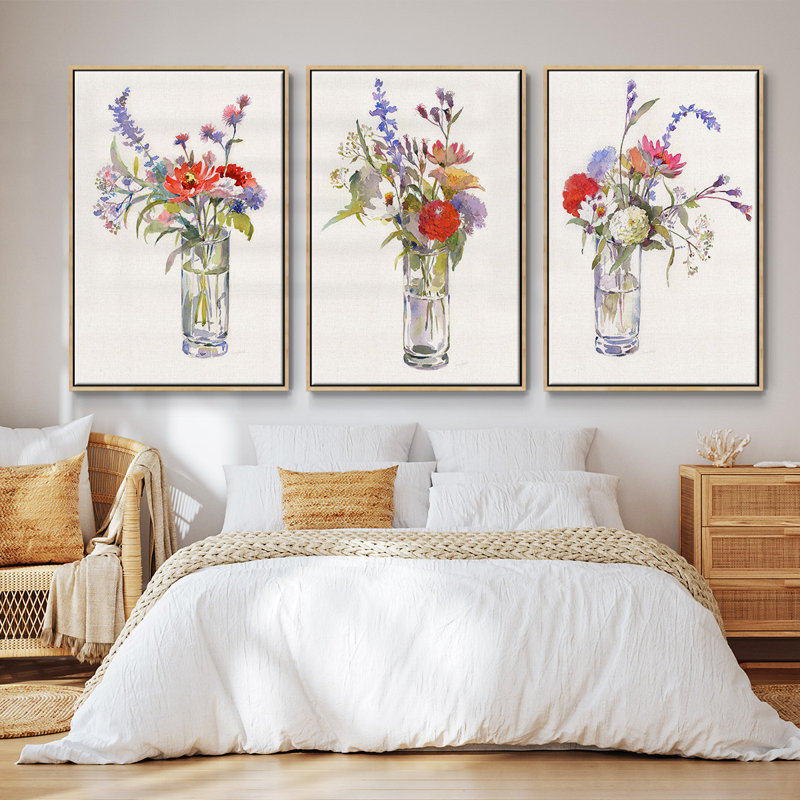 Garden Party I, ensemble de 3 toiles encadrées, Cadre en bois naturel, H 27 po x l 54 po