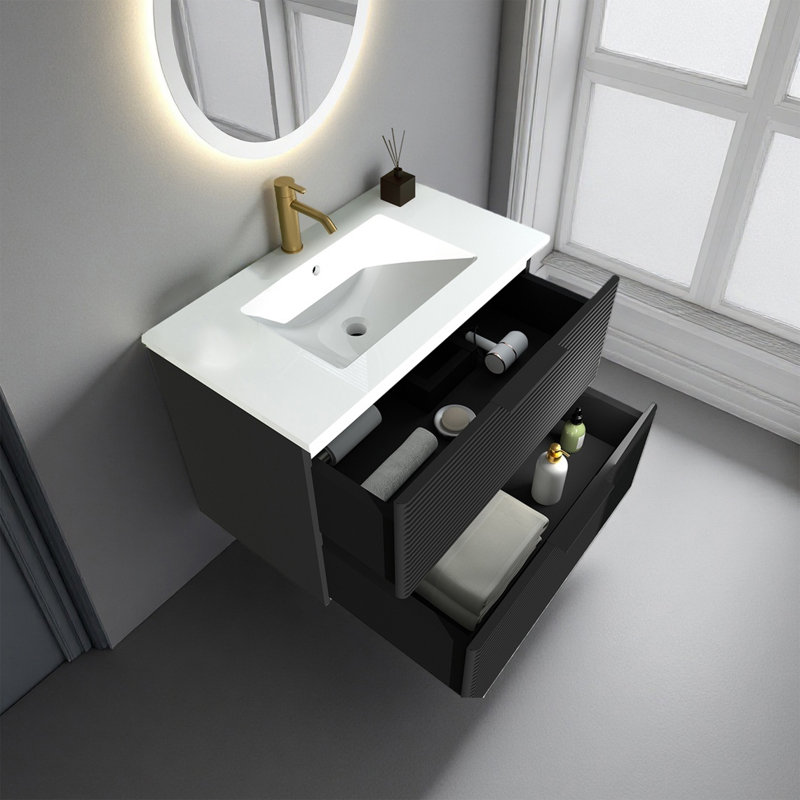 Meuble-lavabo moderne de 30 po et 36 po avec tiroirs à fermeture en douceur, façade 3D texturée et design flottant - solution de rangement murale spacieuse