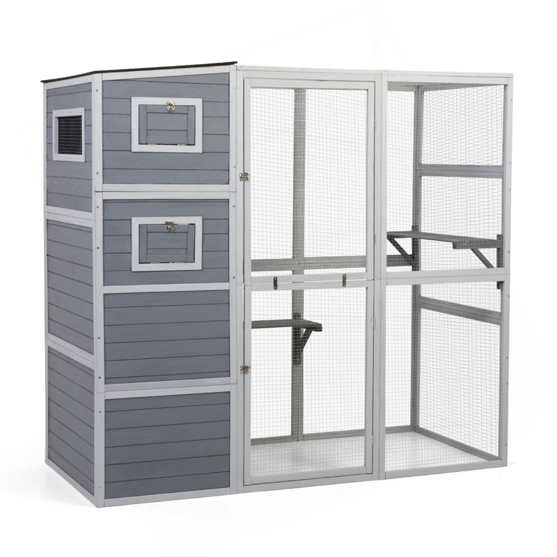 Large Wooden Cat Enclosure With Waterproof Roof And Platforms, Grey