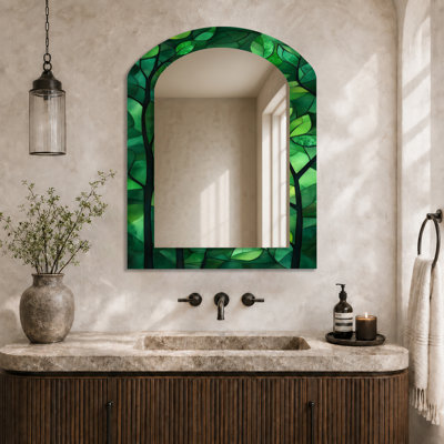 Cottage Arched Vanity Mirror – Green Leaves in Moonlight Collage, Metal Print
