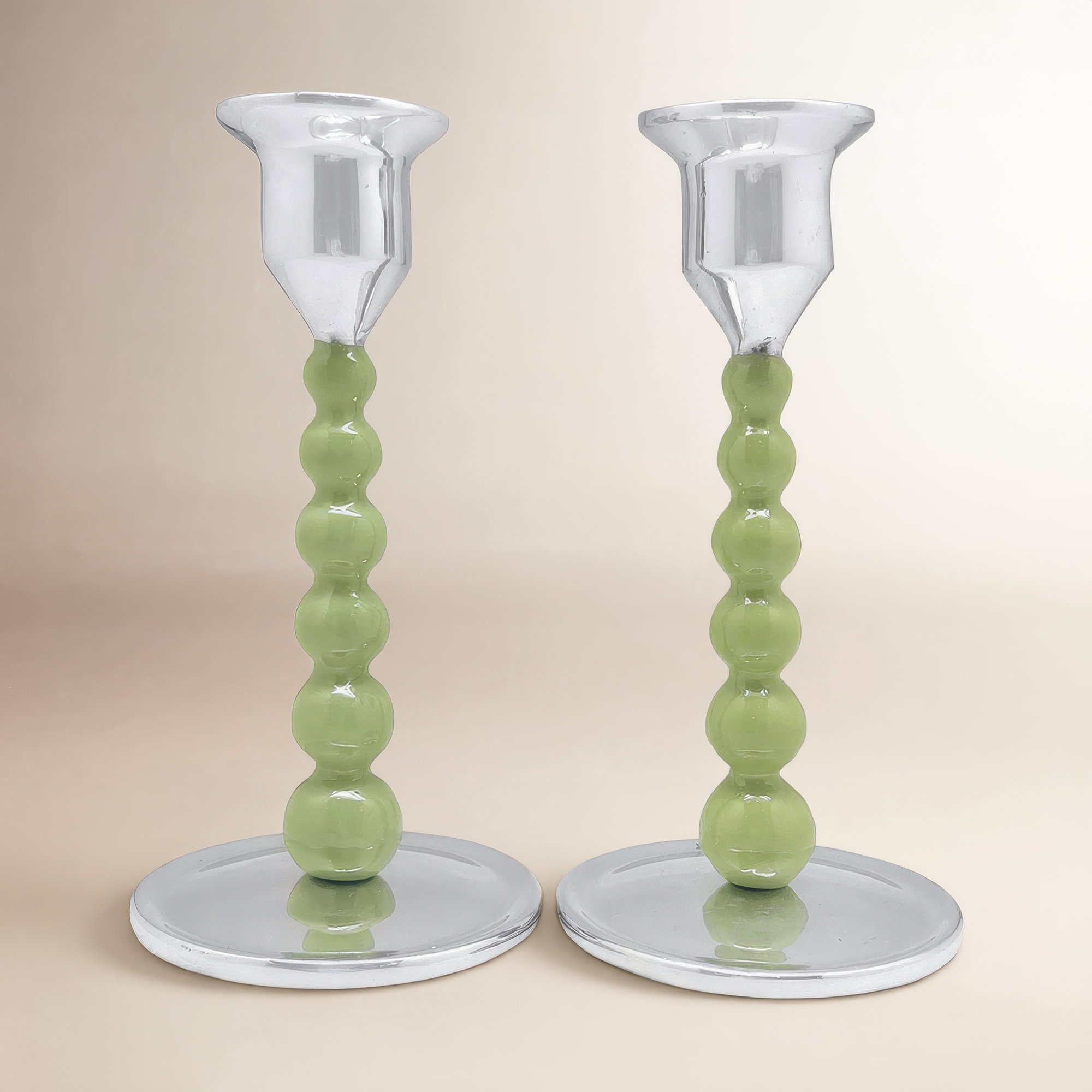 Pearled Aluminum Tabletop Candlestick, Green, 6.74" H x 3.54" W x 3.54" D
