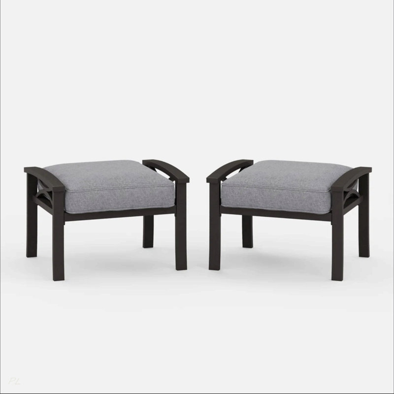 Set Of 2 All-Weather 26” Width Metal Ottomans, Khaki Frame With Gray Cushions, Gray, Khaki