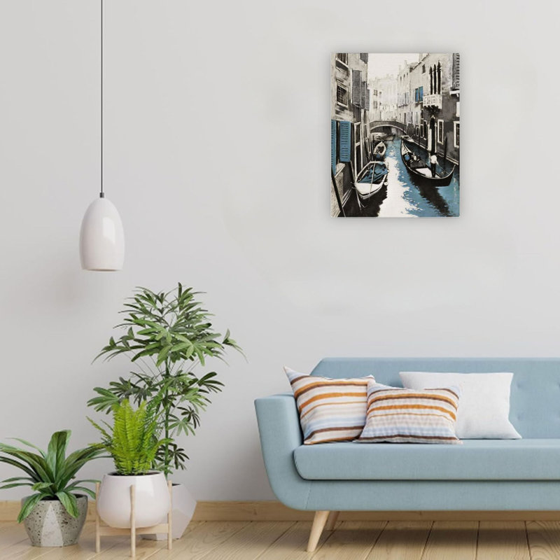 Toile de Venise grise, bateaux, toile, décoration murale, 24 po x 18 po