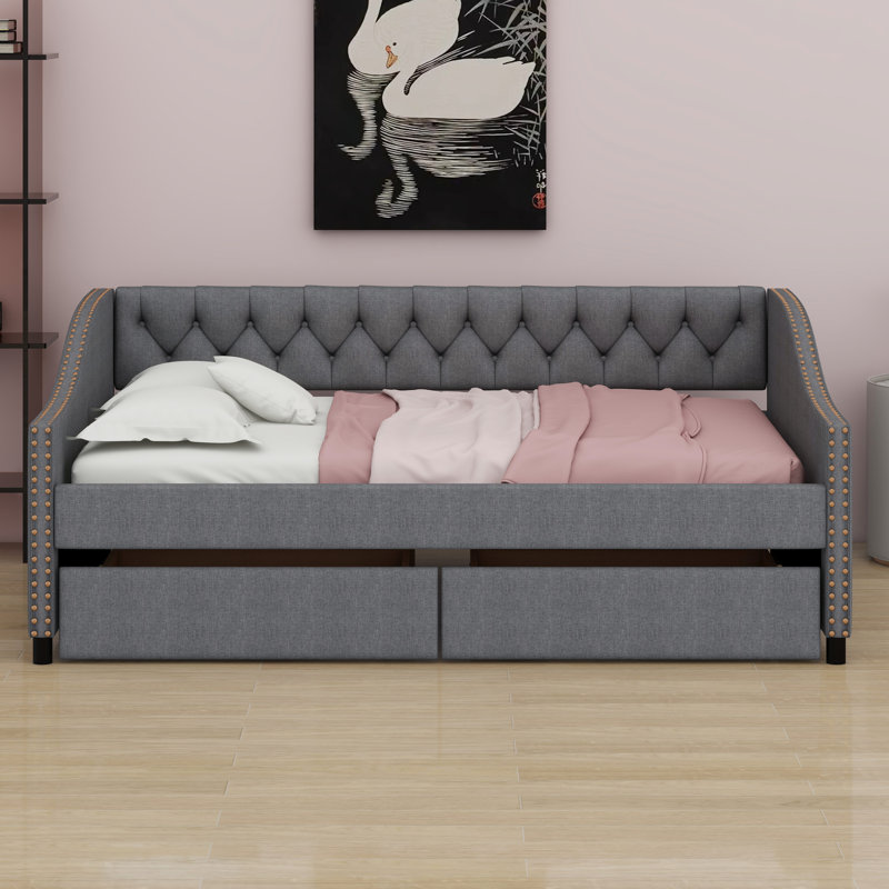 Upholstered Daybed With Drawers, Gray