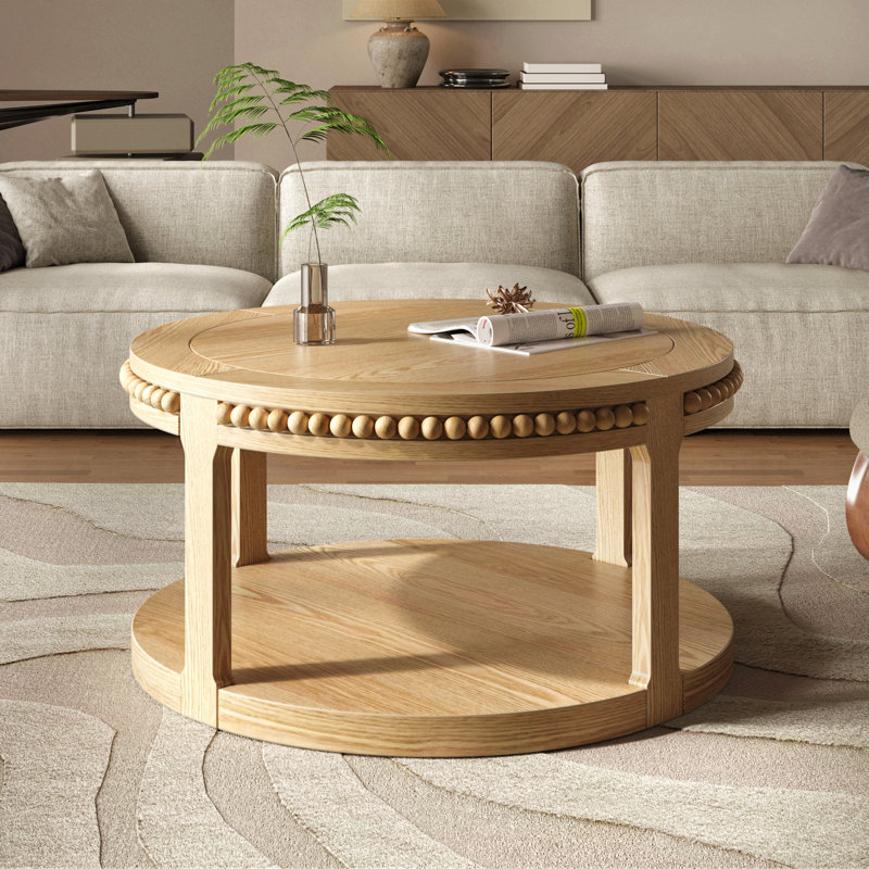 Table basse et canapé 31,5 pouces en bois massif rond - plateau épaissi à deux niveaux, pieds robustes, table circulaire