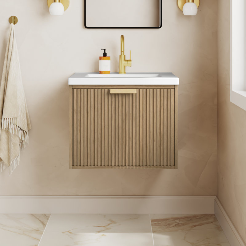 Anelie 24" Wall-Mounted Single Bathroom Vanity Set, Oak, Gold