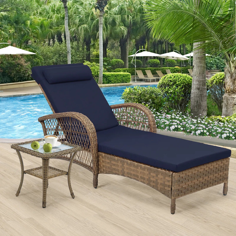 Outdoor Wicker Lounge Chair Set, 6-Position Adjustable Patio Chaise Lounge w/Side Table, All Weather Lay Flat Pool Sunbathing Recliner, Armrest & Head Pillow, Fade-Resistant, Navy Blue