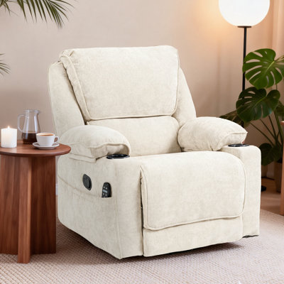 36.6'' Wide Swivel Rocker Recliner With Massage Heat Chenille Fabric Cup Holders