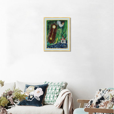 Art mural encadré, "L'horloge et le coq" par Marc Chagall, impression giclée onirique romantique surréalisme, peinture moderne, décoration intérieure (chêne blanc et gris minéral, 16 po x 20 po)