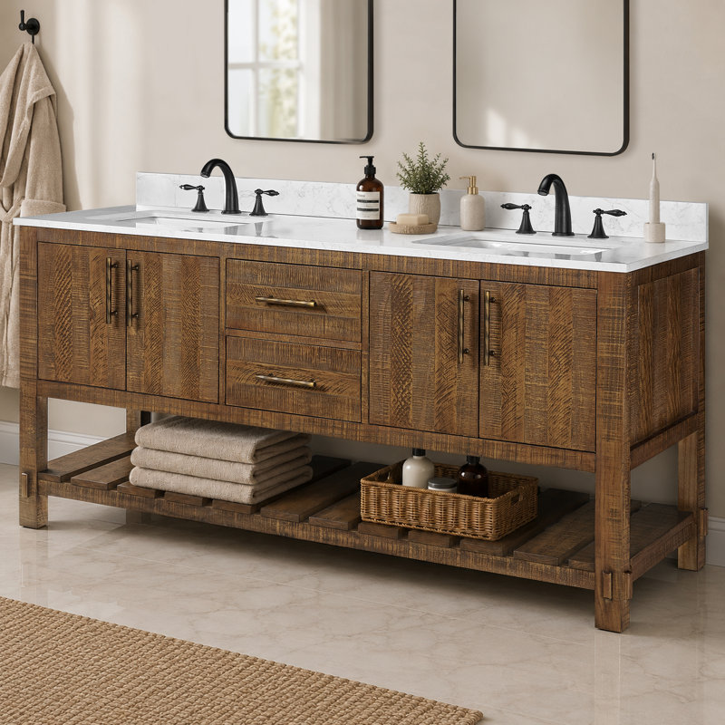 Meuble-lavabo 72 po avec lavabo Farmhouse, bois massif, 2 tiroirs, 4 portes à fermeture douce, tablette de rangement ouverte, comptoir et dosseret en marbre 0,79 po, brun rustique