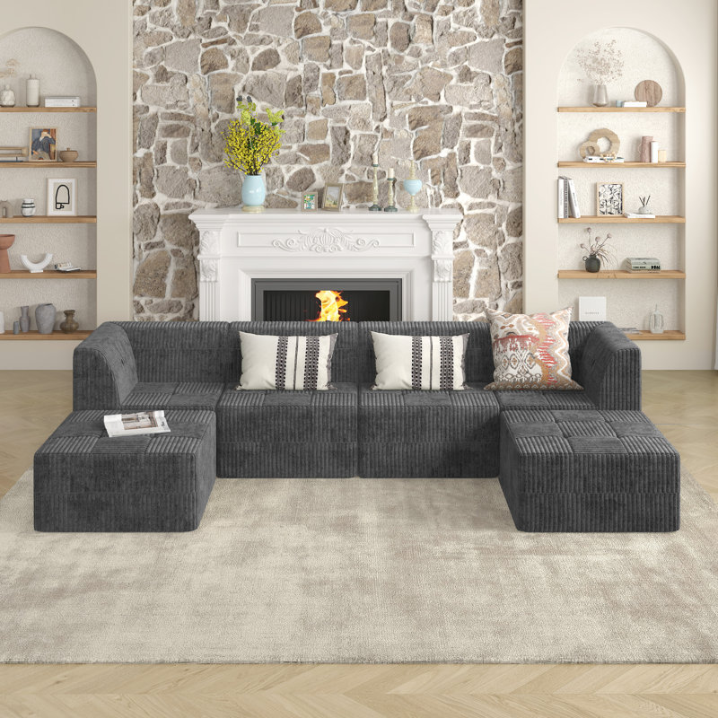 Canapé modulaire Sariya, Velours côtelé gris