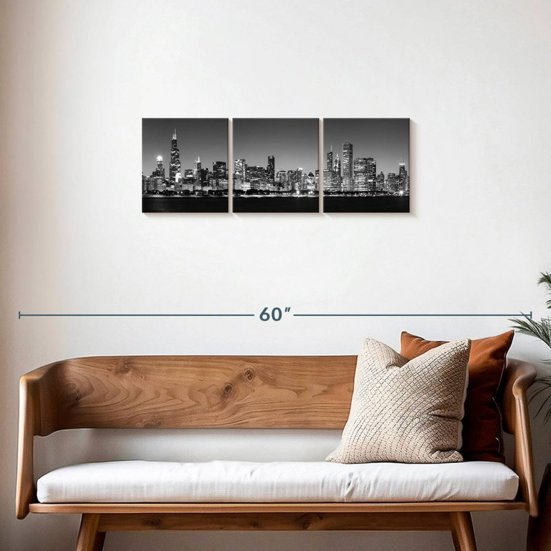 Noir Chicago Skyline, 3 pièces, H 12 po x l 38 po x P 1,25 po