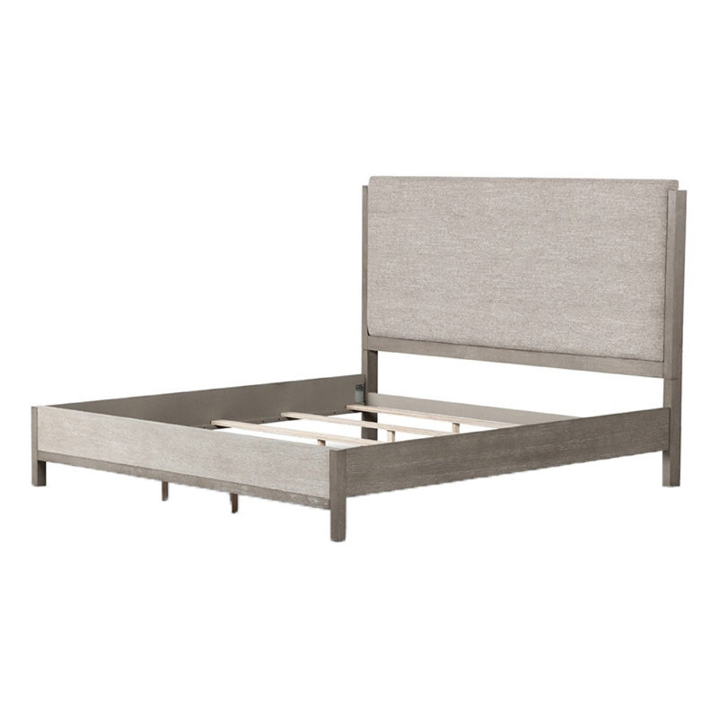 Grand lit Rizvi, tête de lit tapissier, tissu gris, bois massif, Grand