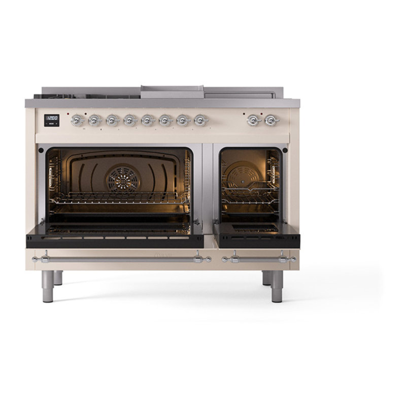 ILVE Nostalgie II Noblesse 48 inch Dual Fuel Range (5 Sealed Burners + Griddle + French Top, Triple Glass Door), Chrome