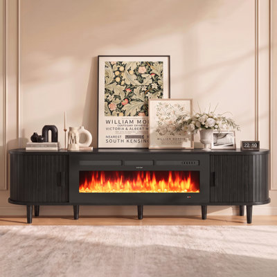 Meuble télé foyer cannelé noir de 90 pouces avec télécommande et commandes tactiles, couleurs de flamme et température réglables, centre multimédia avec rangement pour téléviseurs 100 pouces, console multimédia moderne pour salon