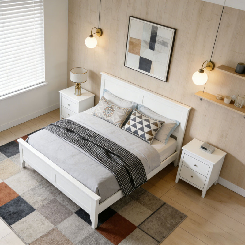 Modern Solid Wood Platform Bed, White, Queen