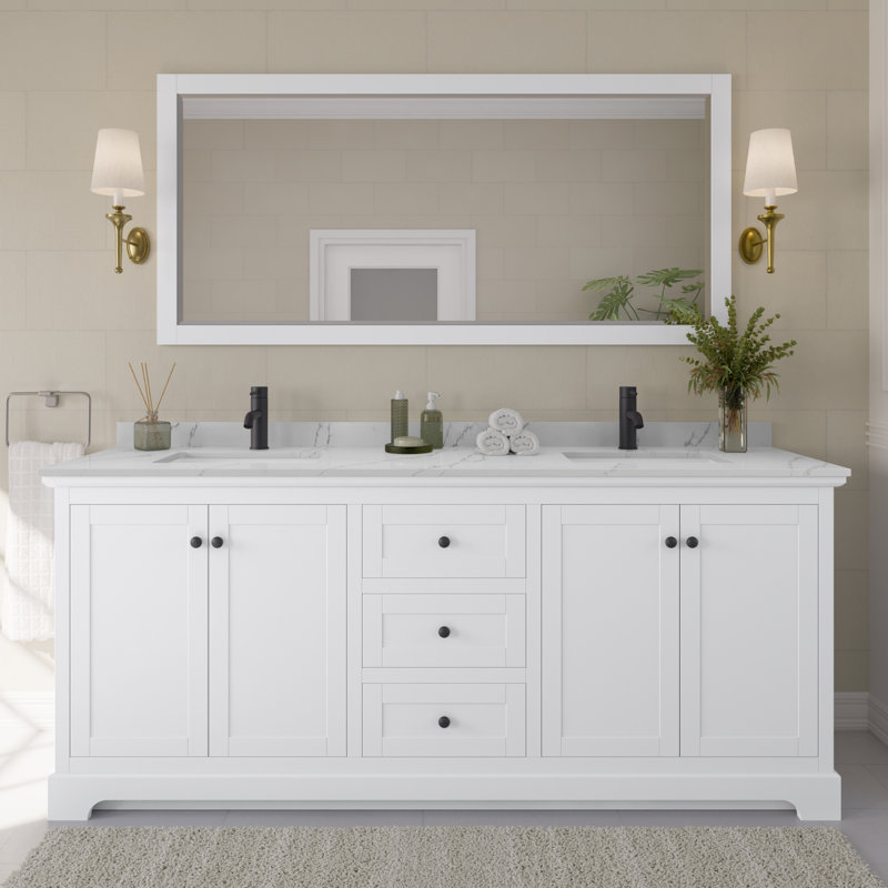 Avery 80'' Double Bathroom Vanity with Quartz Top, White, Giotto Quartz, Matte Black