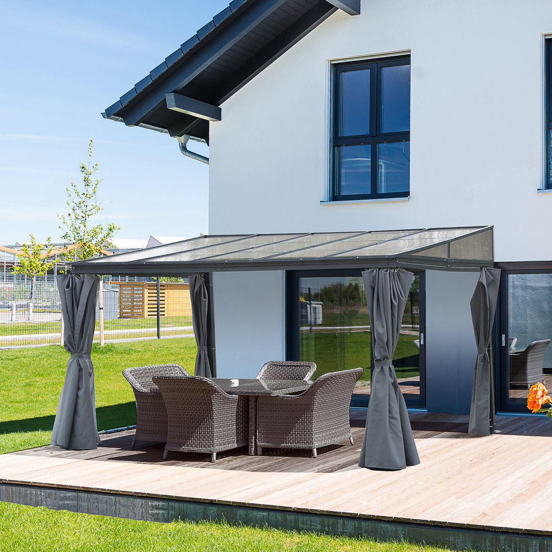 4 X 3m Grey Lean To Aluminium Pergola, Outdoor Hardtop Gazebo With Polycarbonate Sloped Roof And Adjustable Privacy Curtains For Garden Patio Wall Mou