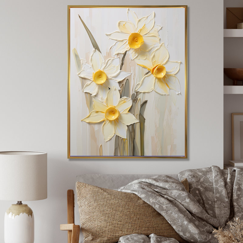 Minimalisme crème, jonquilles sur toile, H 40 po x l 30 po x P 1,5 po, Cadre flottant doré