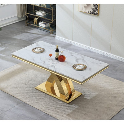 68.11" White Marble Dining Table, Modern Luxury Faux Marble Table with Sickle-Shaped Stainless Steel Pedestal, Rectangular Dining Room Table with 0.71" Thick Printed Marble Top