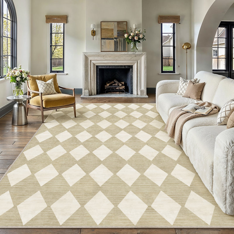 Tapis beige à motif géométrique moderne avec envers antidérapant Miles, Rectangle 9 pi x 12 pi