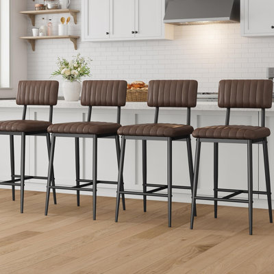 Ensemble de 8 tabourets de bar avec dossier et repose-pieds, ensemble de 8 tabourets de bar à hauteur de comptoir avec coussin épais et pieds en métal épaissis, tabourets de bar rembourrés à hauteur de comptoir pour îlot, comptoir, brun