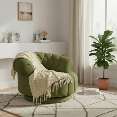 360° Swivel Chenille Accent Chair, Oversized Round Barrel Chair With Channel Tufting & Quilted Back