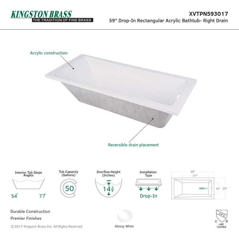 Aqua Eden 59-Inch White Acrylic Rectangular Drop-In Tub with Jets