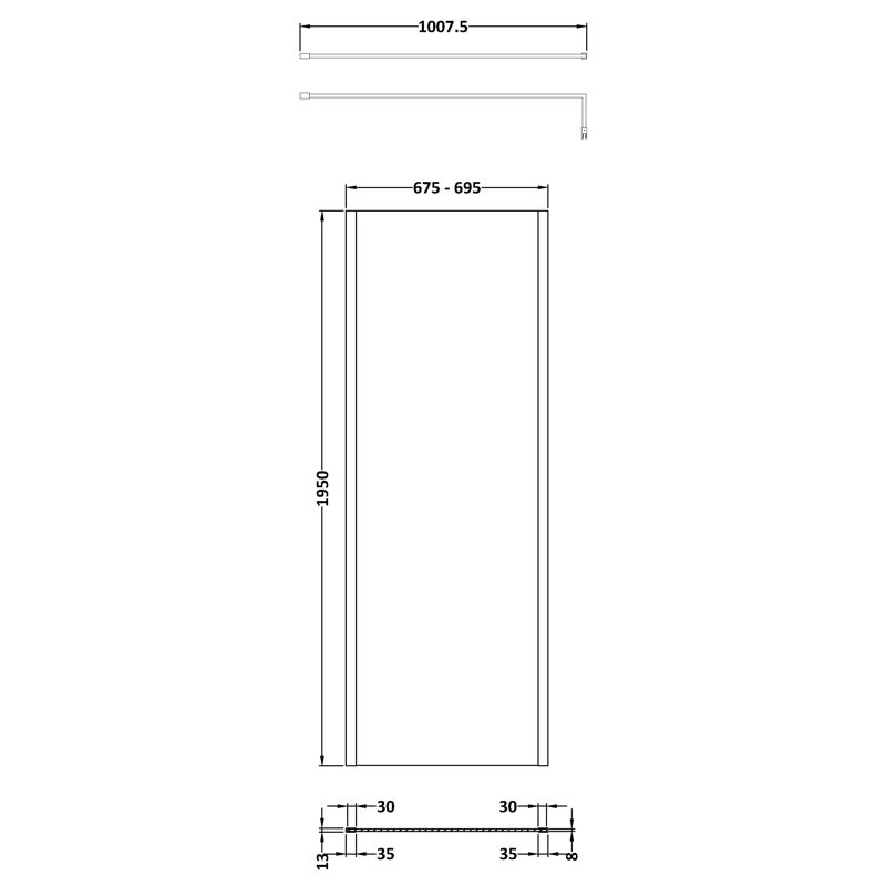 1100Mm Outer Framed Wetroom Screen With Support Bar, 195cm H x 70cm W x 1.4cm L