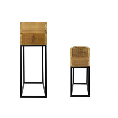 Set of 2 Used Wood Box With Black Iron Stand, L:21.5x8.5x23.5" S:19.5x6.5x16"