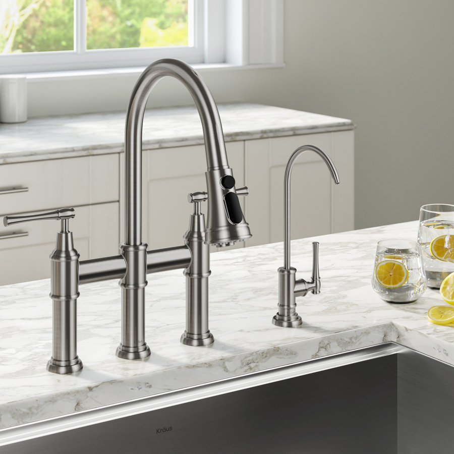 KRAUS Allyn Transitional Bridge Kitchen Faucet with Pull-Down Sprayhead