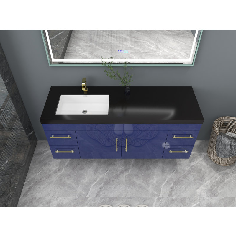 Ensemble de meuble-lavabo mural 60 po, Bleu nuit brillant, Or mat